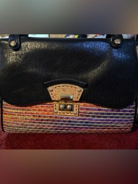 Black Leather Top-Handle Women’s Bag with Multicolor Trim